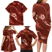 Aloha Hawaii Floral Tapa Family Matching Long Sleeve Bodycon Dress and Hawaiian Shirt Patchwork Crimson LT7 - Polynesian Pride