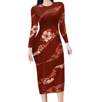 Aloha Hawaii Floral Tapa Family Matching Long Sleeve Bodycon Dress and Hawaiian Shirt Patchwork Crimson LT7 Mom's Dress Crimson - Polynesian Pride