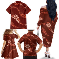 Aloha Hawaii Floral Tapa Family Matching Off The Shoulder Long Sleeve Dress and Hawaiian Shirt Patchwork Crimson LT7 - Polynesian Pride