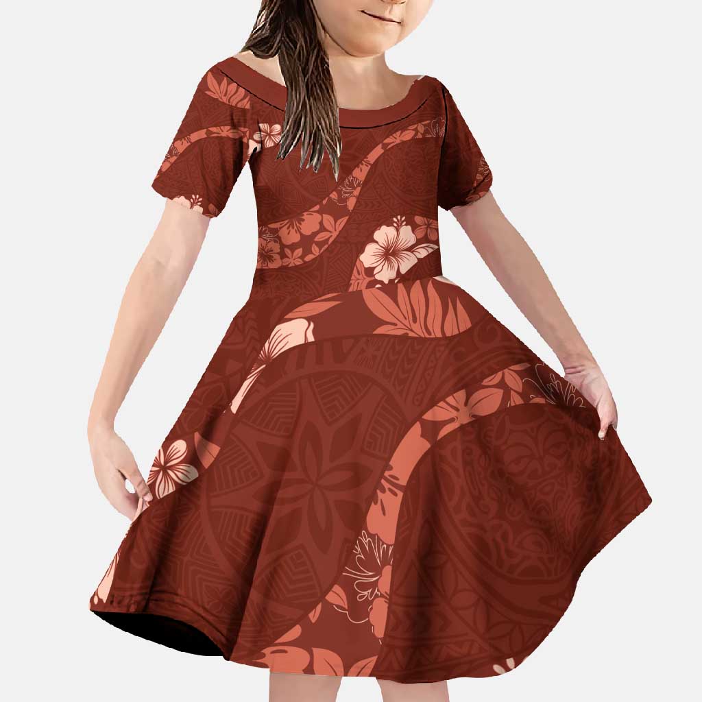 Aloha Hawaii Floral Tapa Family Matching Off Shoulder Maxi Dress and Hawaiian Shirt Patchwork Crimson LT7 Daughter's Dress Crimson - Polynesian Pride