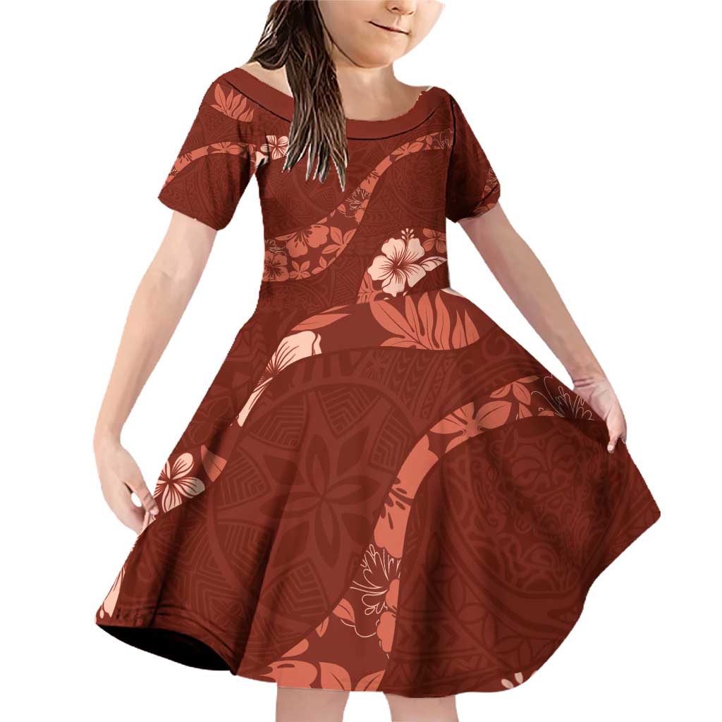 Aloha Hawaii Floral Tapa Family Matching Off Shoulder Short Dress and Hawaiian Shirt Patchwork Crimson LT7 Daughter's Dress Crimson - Polynesian Pride