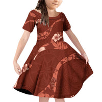 Aloha Hawaii Floral Tapa Family Matching Off Shoulder Short Dress and Hawaiian Shirt Patchwork Crimson LT7 Daughter's Dress Crimson - Polynesian Pride