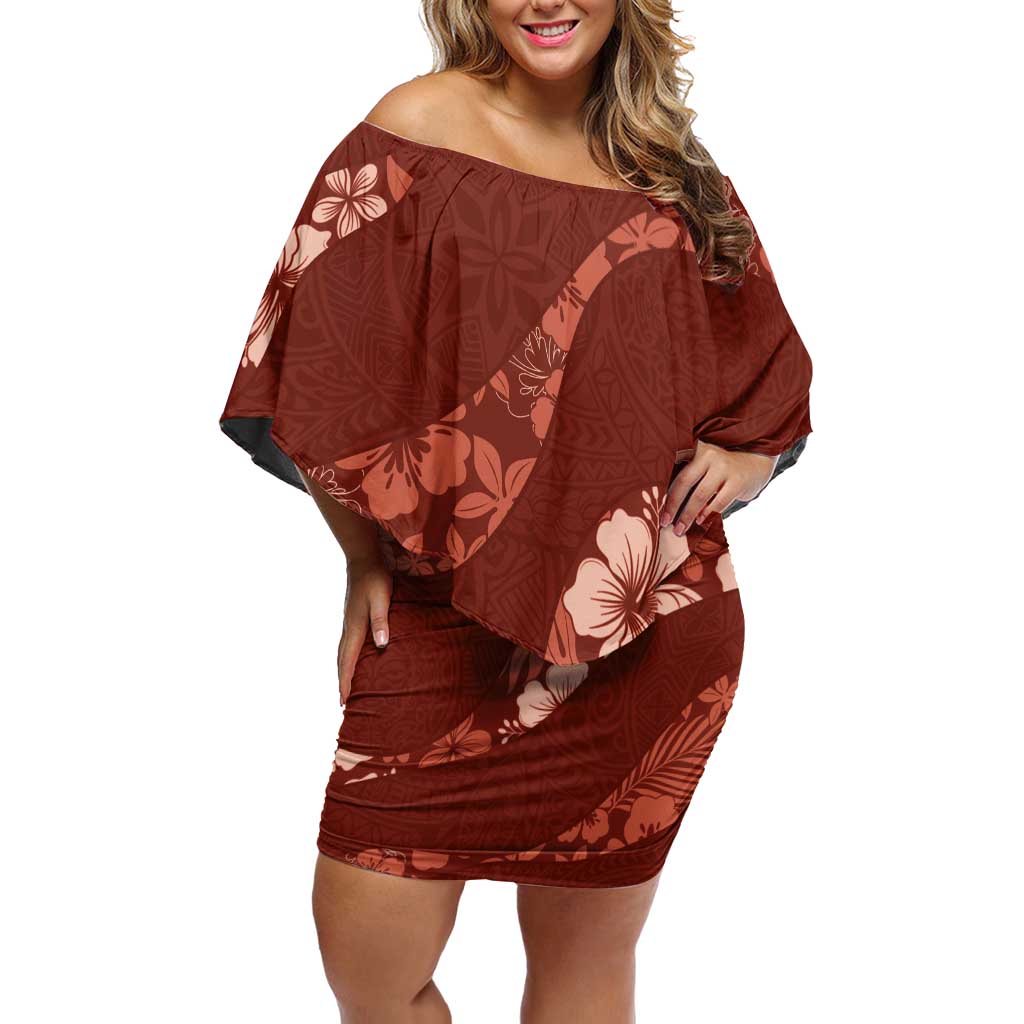 Aloha Hawaii Floral Tapa Family Matching Off Shoulder Short Dress and Hawaiian Shirt Patchwork Crimson LT7 Mom's Dress Crimson - Polynesian Pride