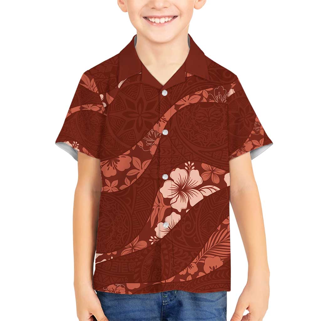 Aloha Hawaii Floral Tapa Family Matching Off Shoulder Short Dress and Hawaiian Shirt Patchwork Crimson LT7 Son's Shirt Crimson - Polynesian Pride