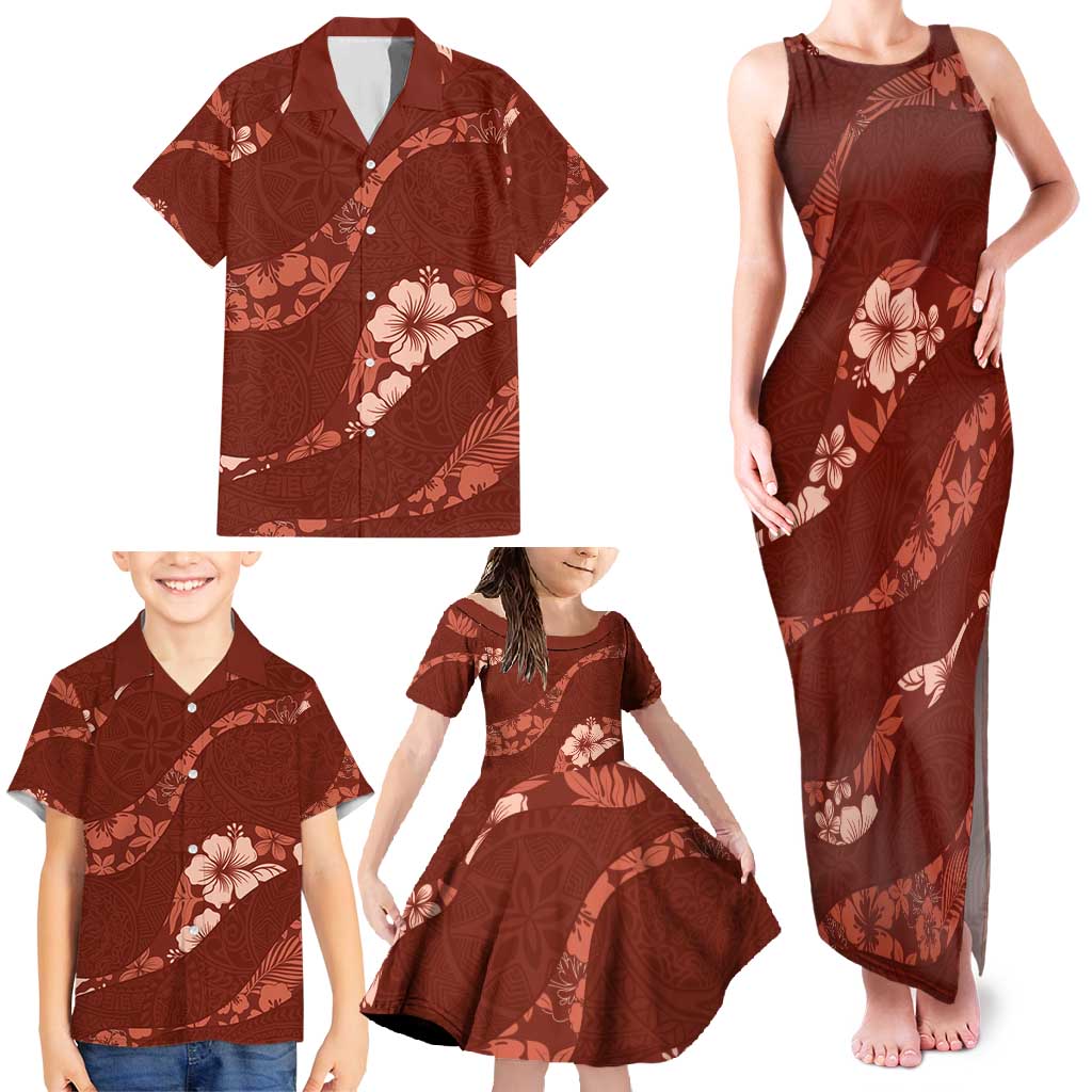 Aloha Hawaii Floral Tapa Family Matching Tank Maxi Dress and Hawaiian Shirt Patchwork Crimson LT7 - Polynesian Pride