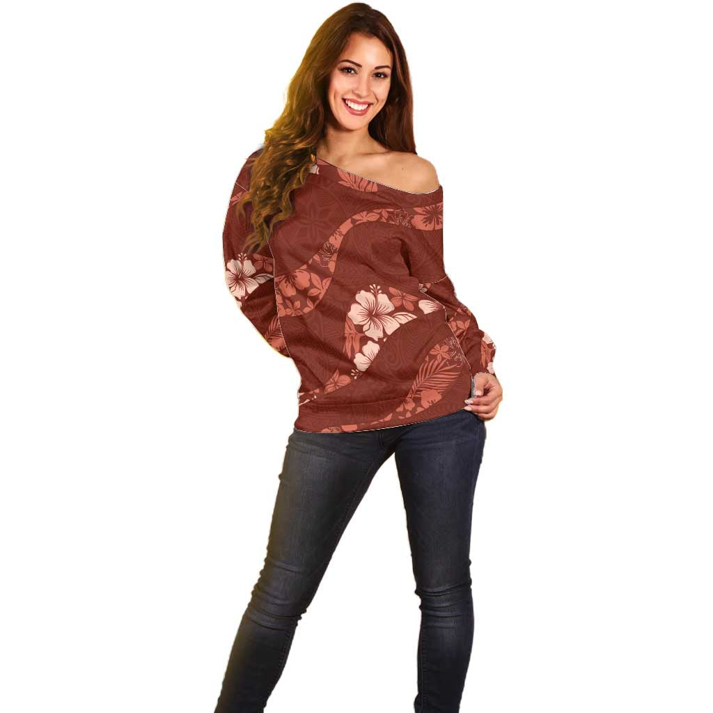 Aloha Hawaii Floral Tapa Off Shoulder Sweater Patchwork Crimson - Polynesian Pride