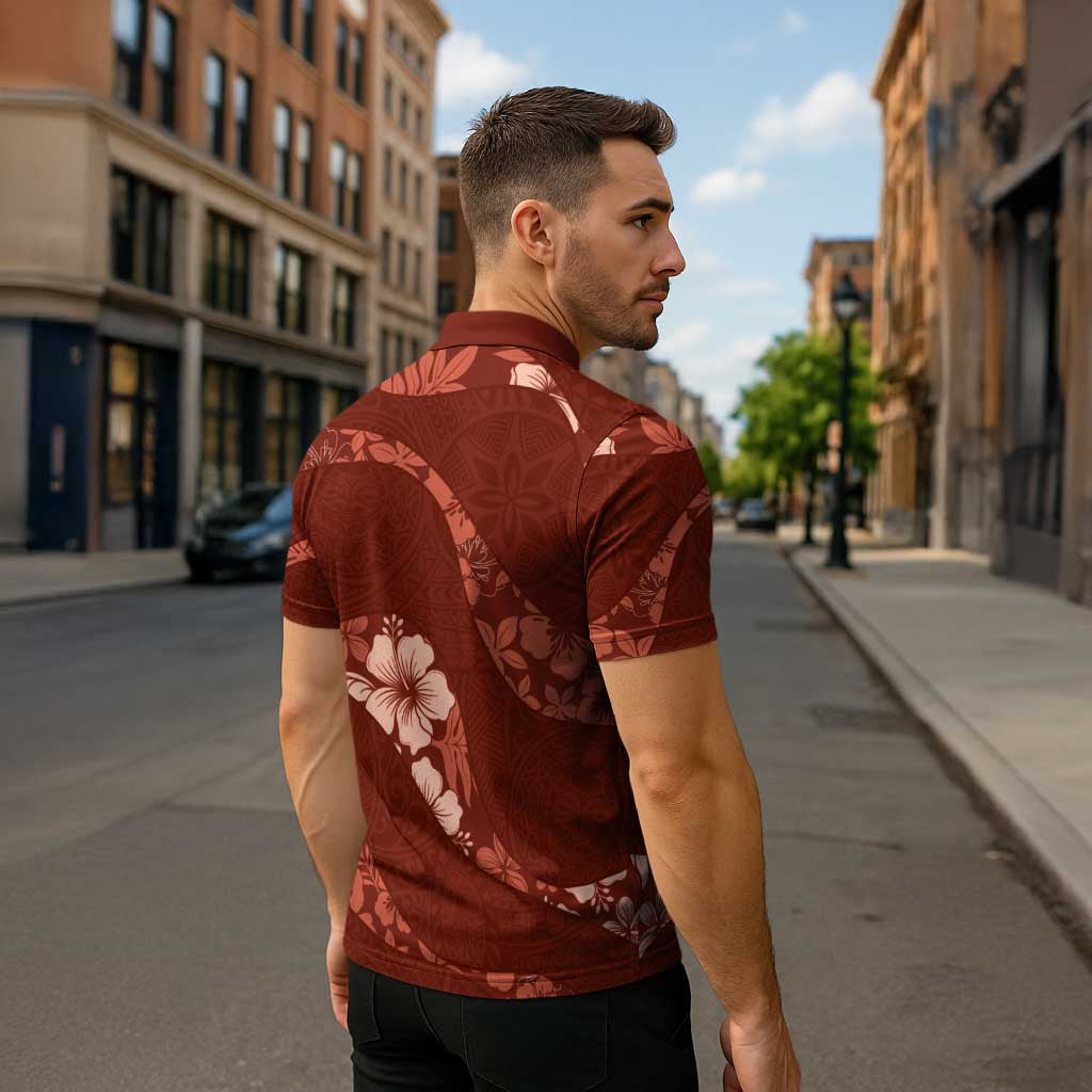 Aloha Hawaii Floral Tapa Zipper Polo Shirt Patchwork Crimson - Polynesian Pride