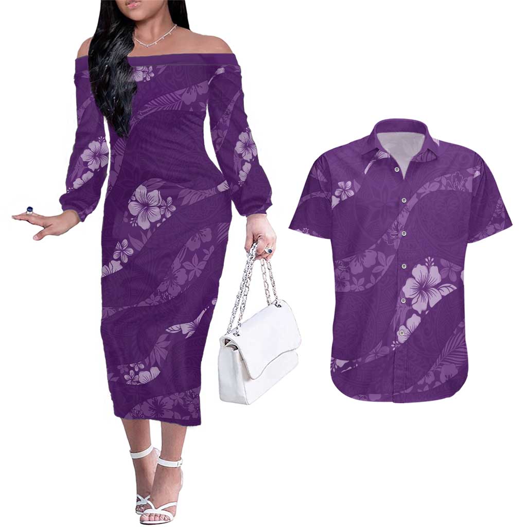 Aloha Hawaii Floral Tapa Couples Matching Off The Shoulder Long Sleeve Dress and Hawaiian Shirt Patchwork Violet LT7 Violet - Polynesian Pride