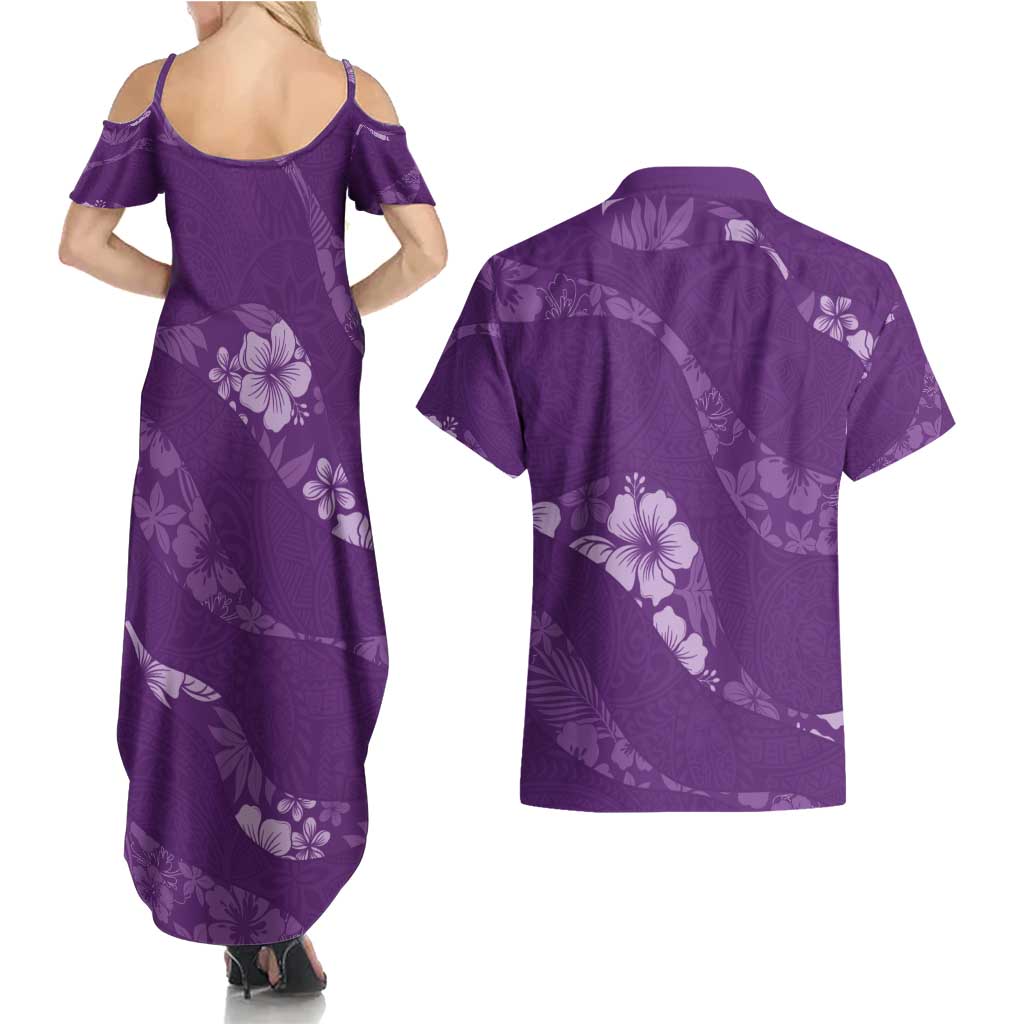 Aloha Hawaii Floral Tapa Couples Matching Summer Maxi Dress and Hawaiian Shirt Patchwork Violet - Polynesian Pride
