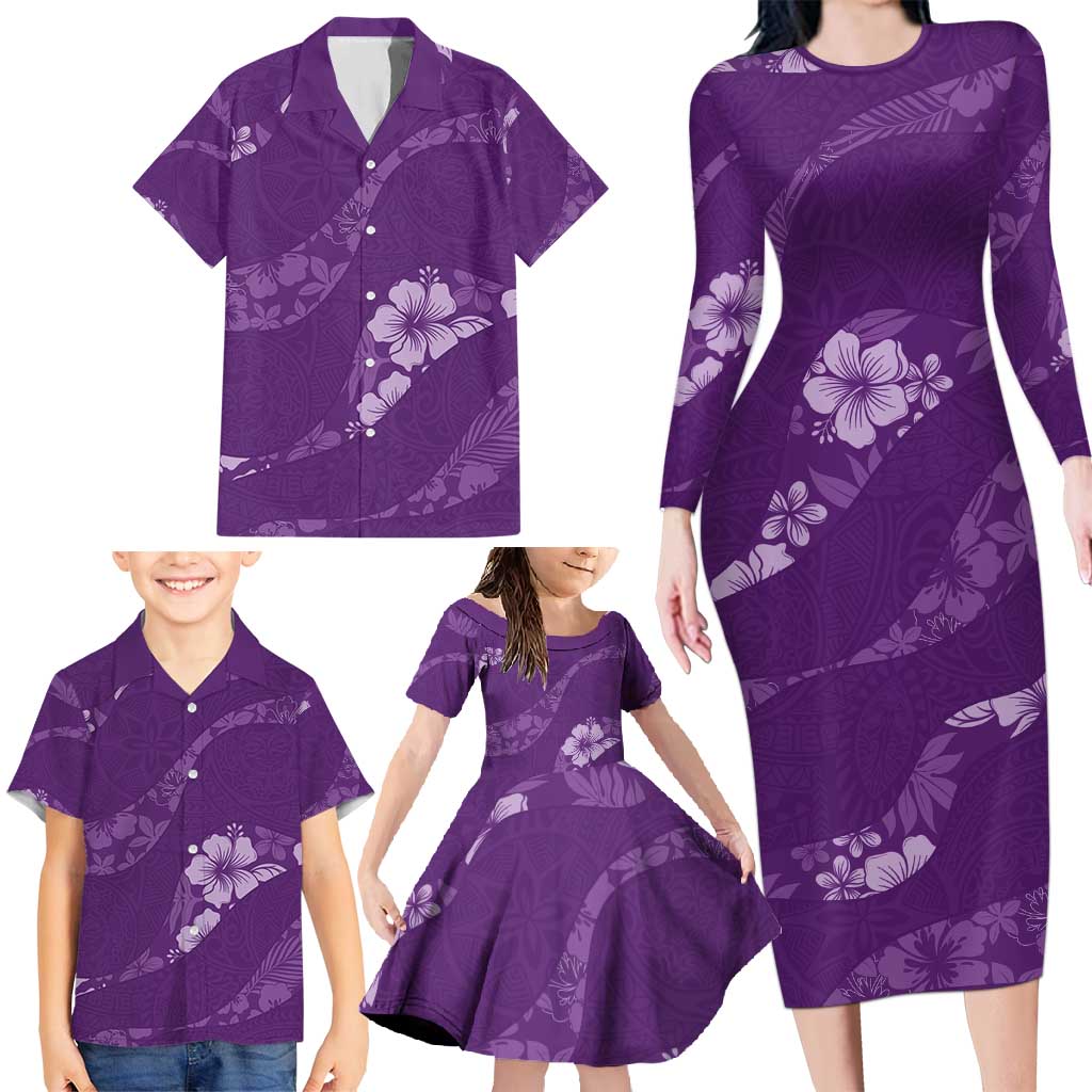 Aloha Hawaii Floral Tapa Family Matching Long Sleeve Bodycon Dress and Hawaiian Shirt Patchwork Violet LT7 - Polynesian Pride
