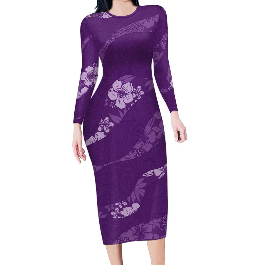Aloha Hawaii Floral Tapa Family Matching Long Sleeve Bodycon Dress and Hawaiian Shirt Patchwork Violet LT7 Mom's Dress Violet - Polynesian Pride