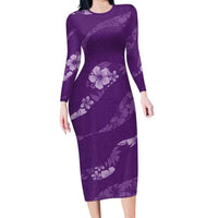 Aloha Hawaii Floral Tapa Family Matching Long Sleeve Bodycon Dress and Hawaiian Shirt Patchwork Violet LT7 Mom's Dress Violet - Polynesian Pride