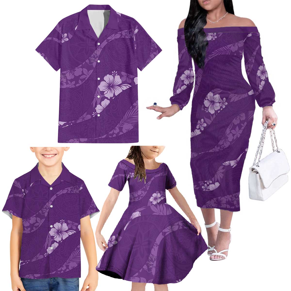 Aloha Hawaii Floral Tapa Family Matching Off The Shoulder Long Sleeve Dress and Hawaiian Shirt Patchwork Violet LT7 - Polynesian Pride