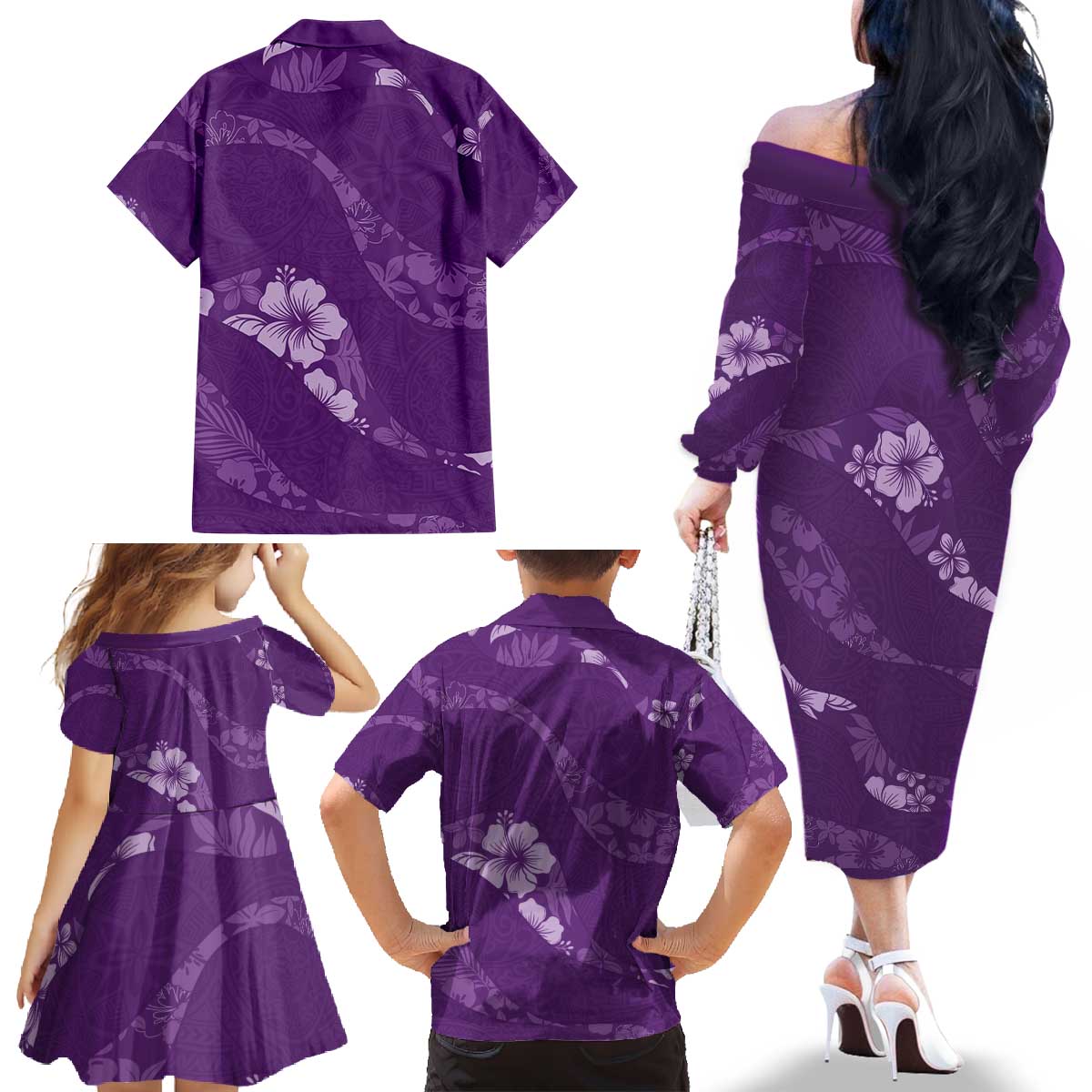 Aloha Hawaii Floral Tapa Family Matching Off The Shoulder Long Sleeve Dress and Hawaiian Shirt Patchwork Violet LT7 - Polynesian Pride