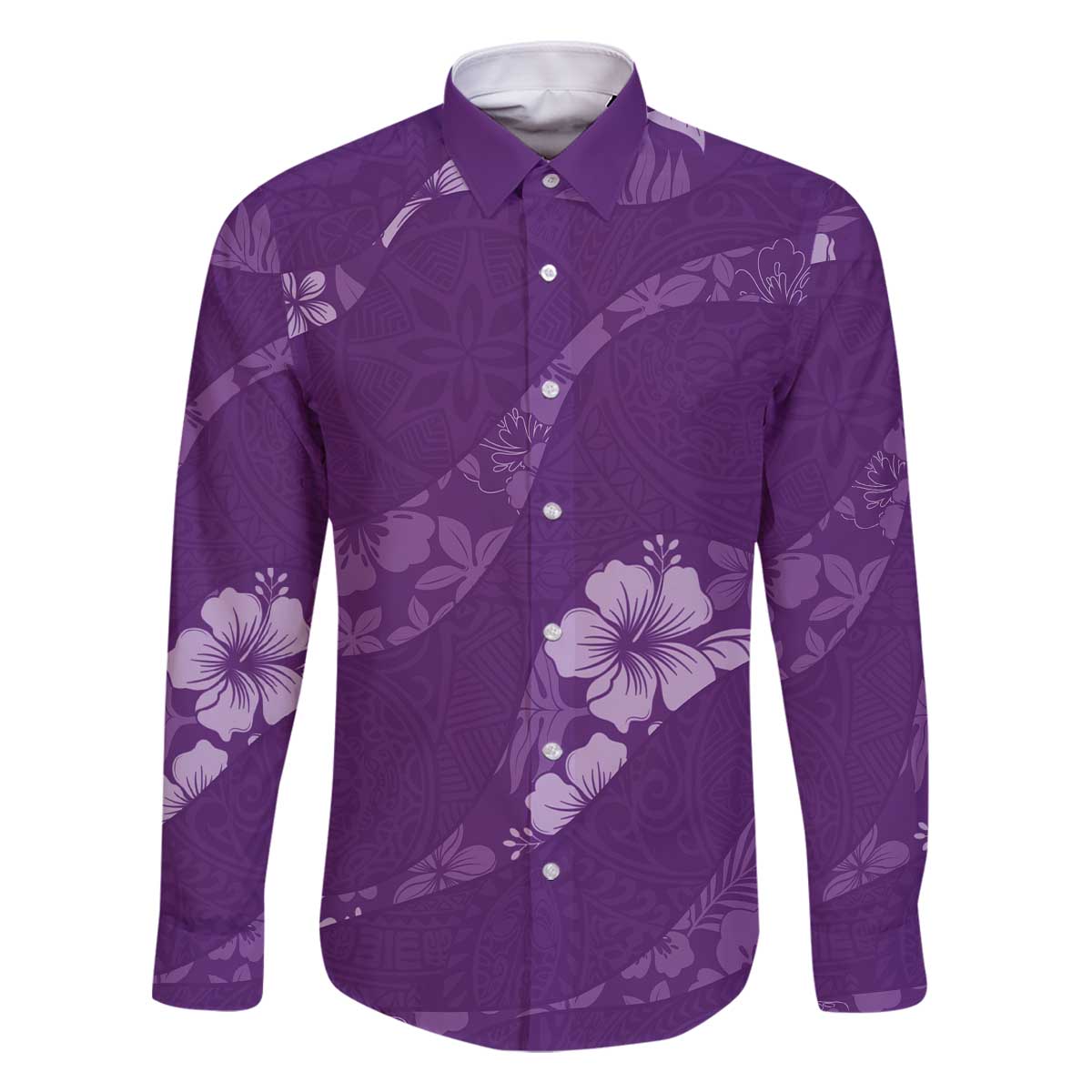 Aloha Hawaii Floral Tapa Family Matching Off The Shoulder Long Sleeve Dress and Hawaiian Shirt Patchwork Violet LT7 Dad's Shirt - Long Sleeve Violet - Polynesian Pride