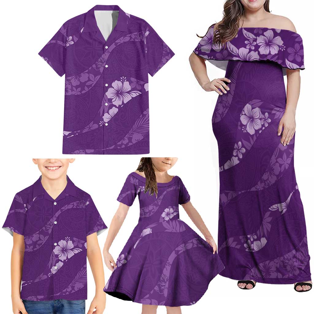 Aloha Hawaii Floral Tapa Family Matching Off Shoulder Maxi Dress and Hawaiian Shirt Patchwork Violet LT7 - Polynesian Pride