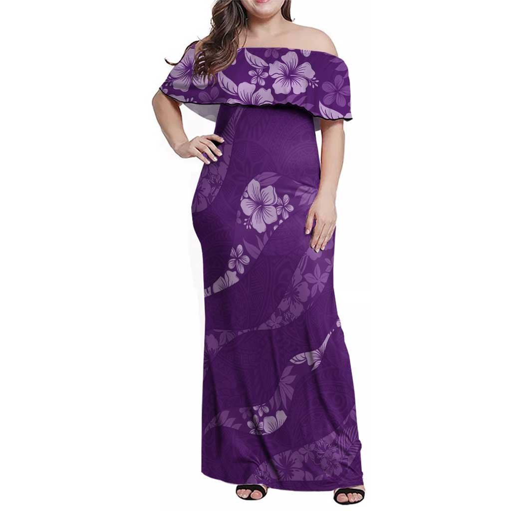 Aloha Hawaii Floral Tapa Family Matching Off Shoulder Maxi Dress and Hawaiian Shirt Patchwork Violet LT7 Mom's Dress Violet - Polynesian Pride
