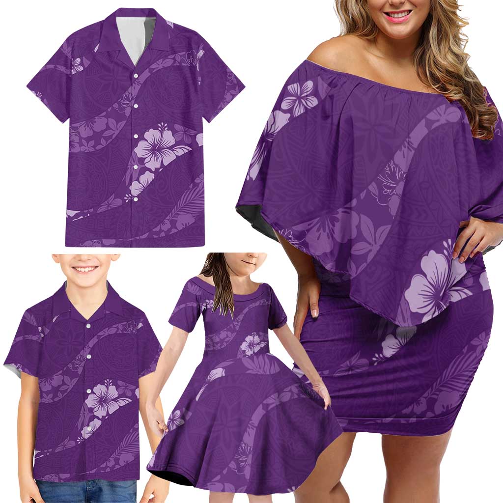 Aloha Hawaii Floral Tapa Family Matching Off Shoulder Short Dress and Hawaiian Shirt Patchwork Violet LT7 - Polynesian Pride