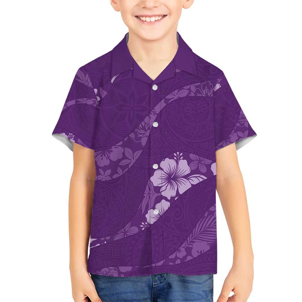 Aloha Hawaii Floral Tapa Family Matching Puletasi and Hawaiian Shirt Patchwork Violet - Polynesian Pride