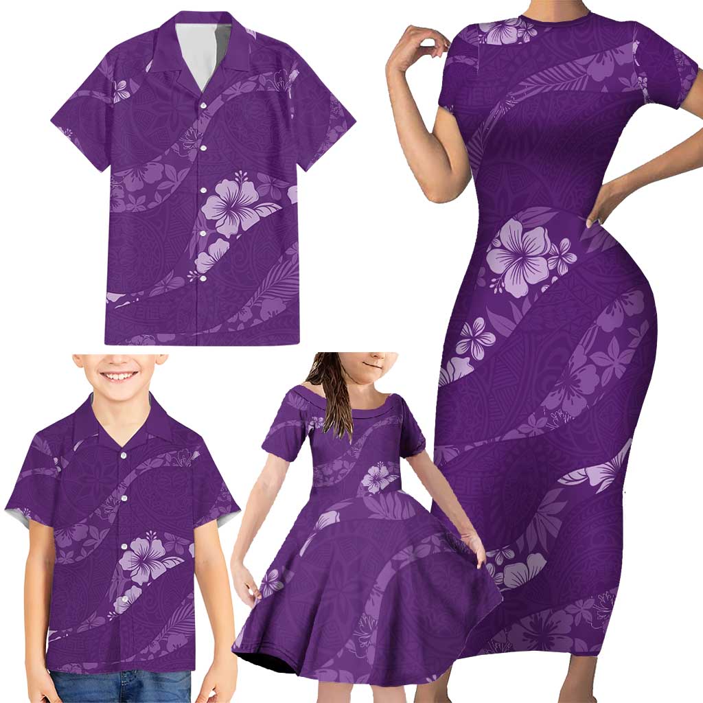 Aloha Hawaii Floral Tapa Family Matching Short Sleeve Bodycon Dress and Hawaiian Shirt Patchwork Violet LT7 - Polynesian Pride