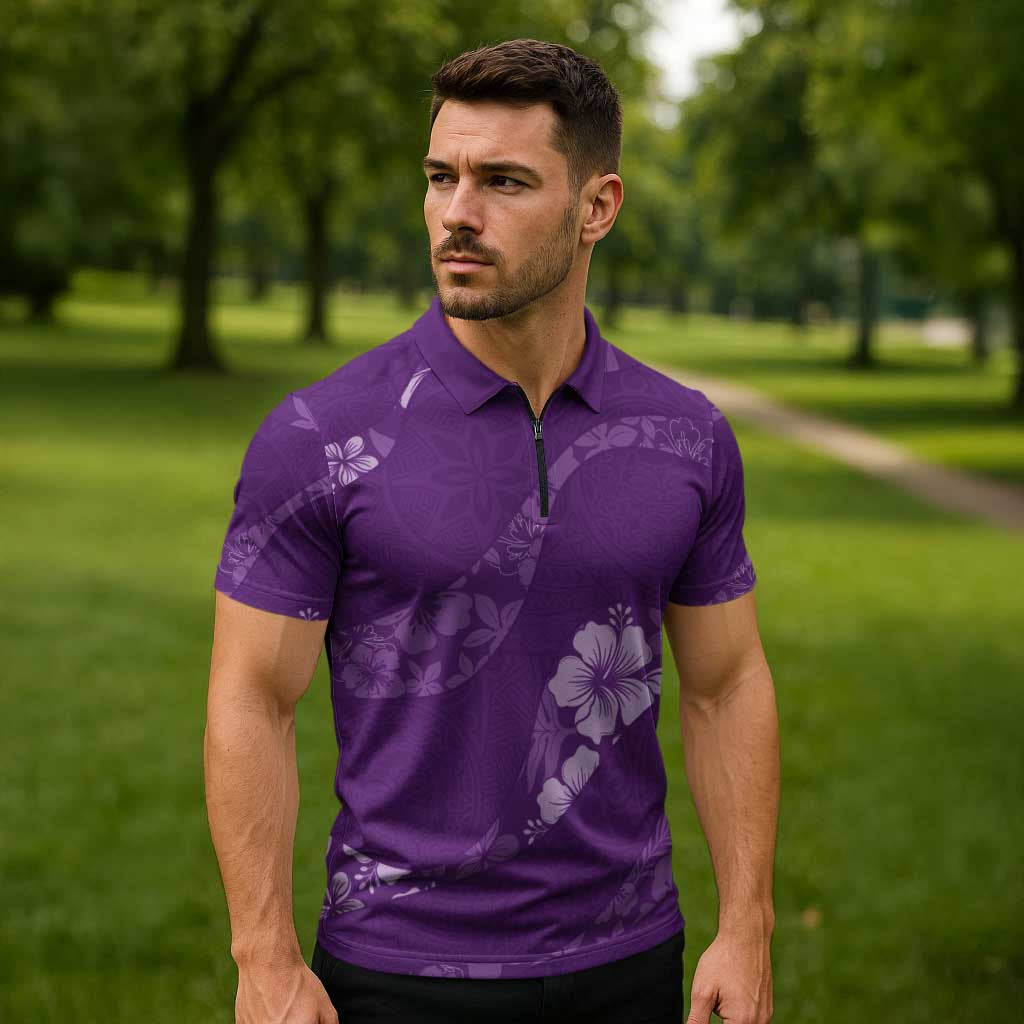 Aloha Hawaii Floral Tapa Zipper Polo Shirt Patchwork Violet - Polynesian Pride