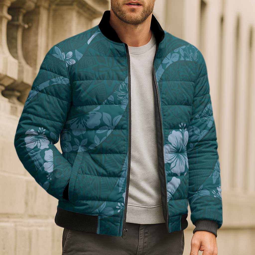 Aloha Hawaii Floral Tapa Bomber Puffer Jacket Patchwork Teal - Polynesian Pride