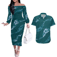 Aloha Hawaii Floral Tapa Couples Matching Off The Shoulder Long Sleeve Dress and Hawaiian Shirt Patchwork Teal LT7 Teal - Polynesian Pride