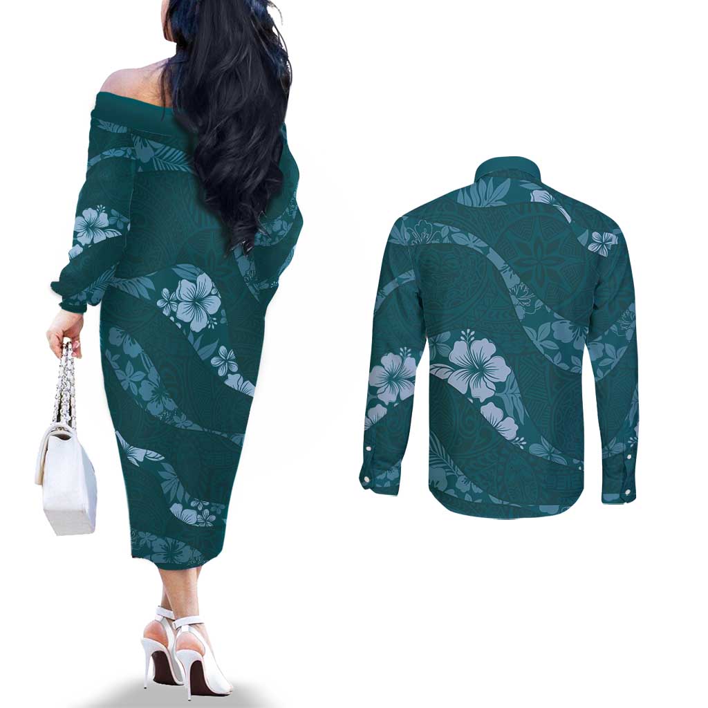 Aloha Hawaii Floral Tapa Couples Matching Off The Shoulder Long Sleeve Dress and Long Sleeve Button Shirt Patchwork Teal LT7 - Polynesian Pride