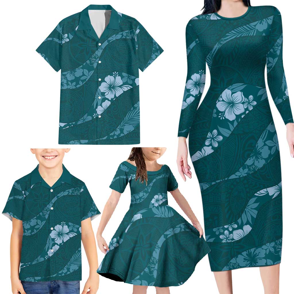 Aloha Hawaii Floral Tapa Family Matching Long Sleeve Bodycon Dress and Hawaiian Shirt Patchwork Teal LT7 - Polynesian Pride