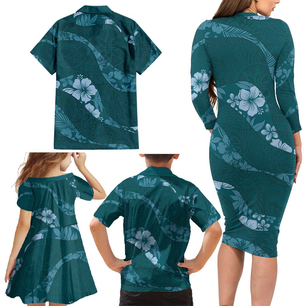 Aloha Hawaii Floral Tapa Family Matching Long Sleeve Bodycon Dress and Hawaiian Shirt Patchwork Teal LT7 - Polynesian Pride