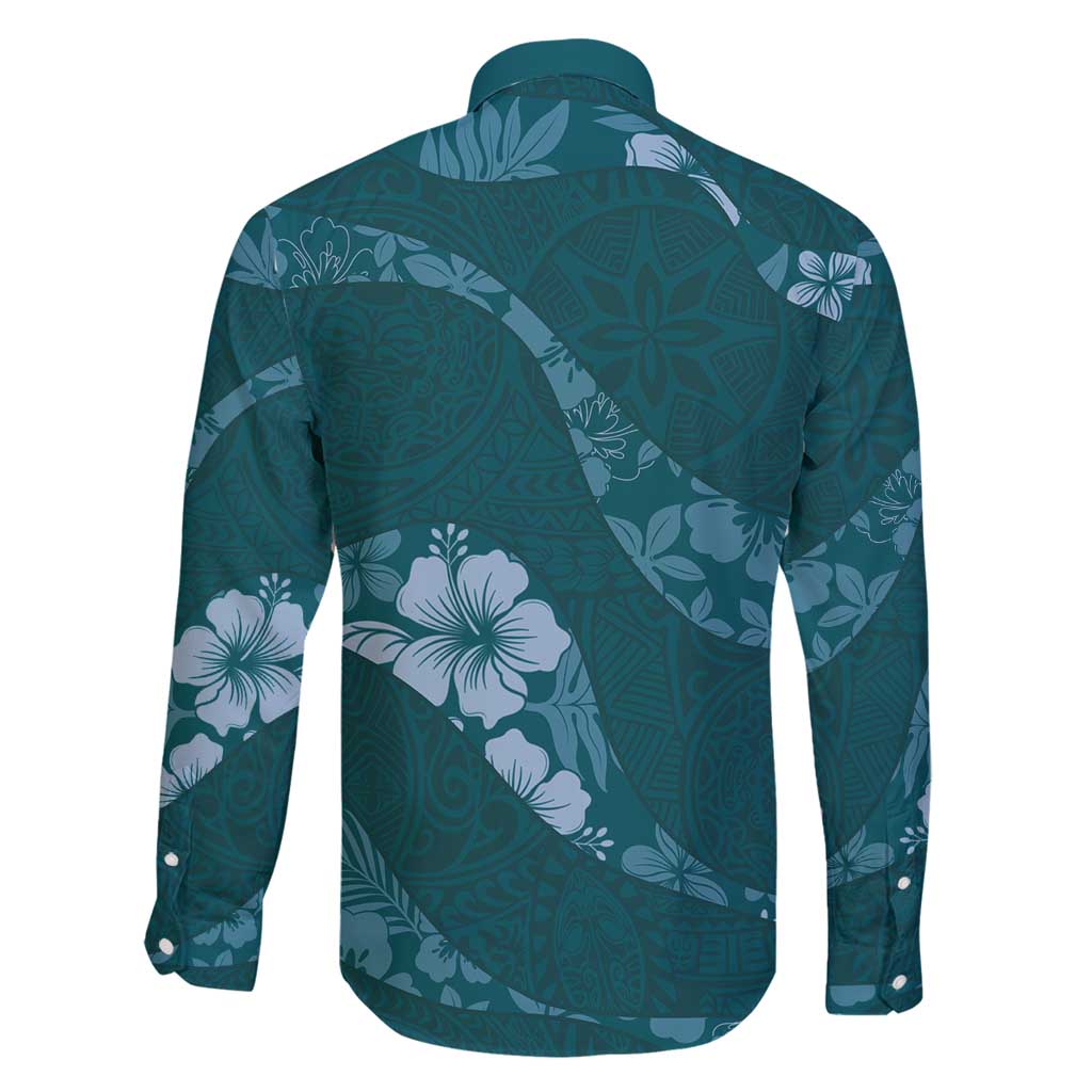 Aloha Hawaii Floral Tapa Family Matching Long Sleeve Bodycon Dress and Hawaiian Shirt Patchwork Teal LT7 - Polynesian Pride