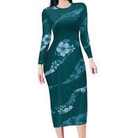 Aloha Hawaii Floral Tapa Family Matching Long Sleeve Bodycon Dress and Hawaiian Shirt Patchwork Teal LT7 Mom's Dress Teal - Polynesian Pride