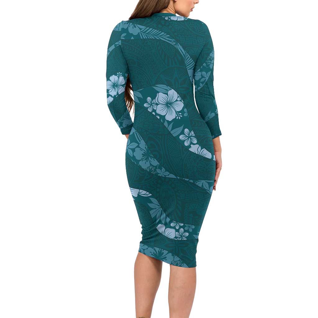 Aloha Hawaii Floral Tapa Family Matching Long Sleeve Bodycon Dress and Hawaiian Shirt Patchwork Teal LT7 - Polynesian Pride
