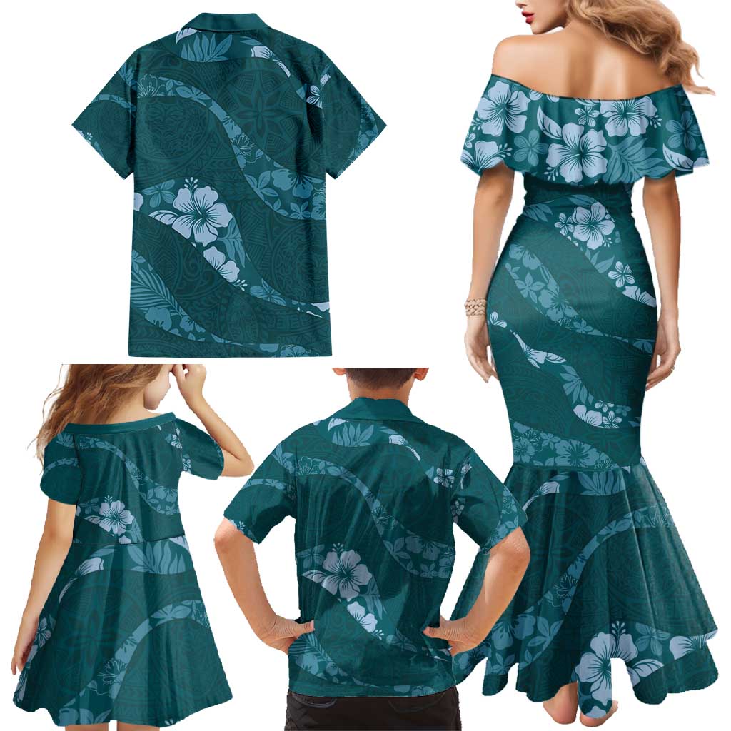 Aloha Hawaii Floral Tapa Family Matching Mermaid Dress and Hawaiian Shirt Patchwork Teal LT7 - Polynesian Pride