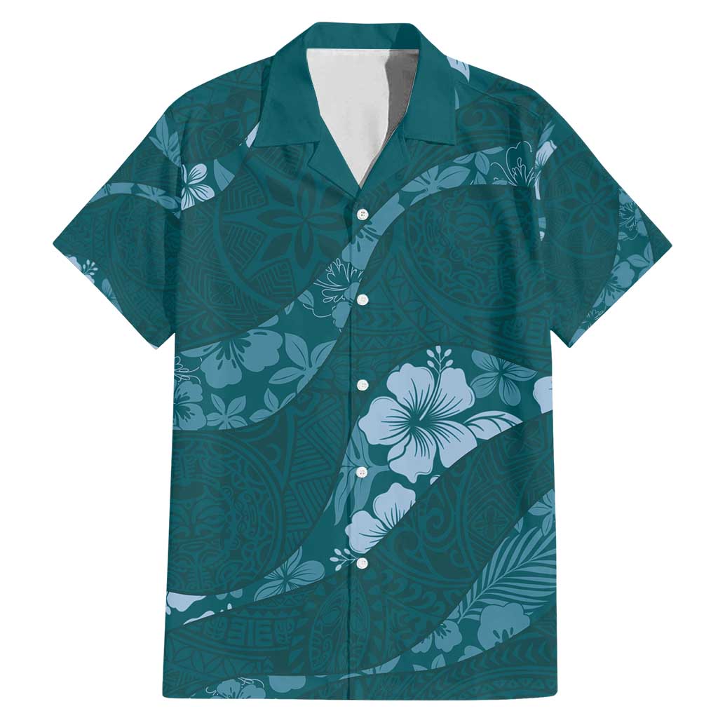 Aloha Hawaii Floral Tapa Family Matching Mermaid Dress and Hawaiian Shirt Patchwork Teal LT7 Dad's Shirt - Short Sleeve Teal - Polynesian Pride