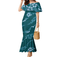 Aloha Hawaii Floral Tapa Family Matching Mermaid Dress and Hawaiian Shirt Patchwork Teal LT7 Mom's Dress Teal - Polynesian Pride