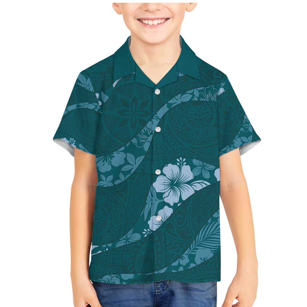Aloha Hawaii Floral Tapa Family Matching Mermaid Dress and Hawaiian Shirt Patchwork Teal LT7 Son's Shirt Teal - Polynesian Pride