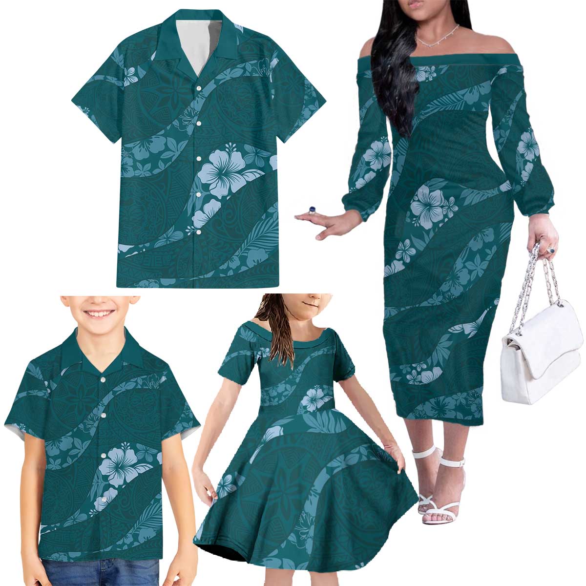 Aloha Hawaii Floral Tapa Family Matching Off The Shoulder Long Sleeve Dress and Hawaiian Shirt Patchwork Teal LT7 - Polynesian Pride
