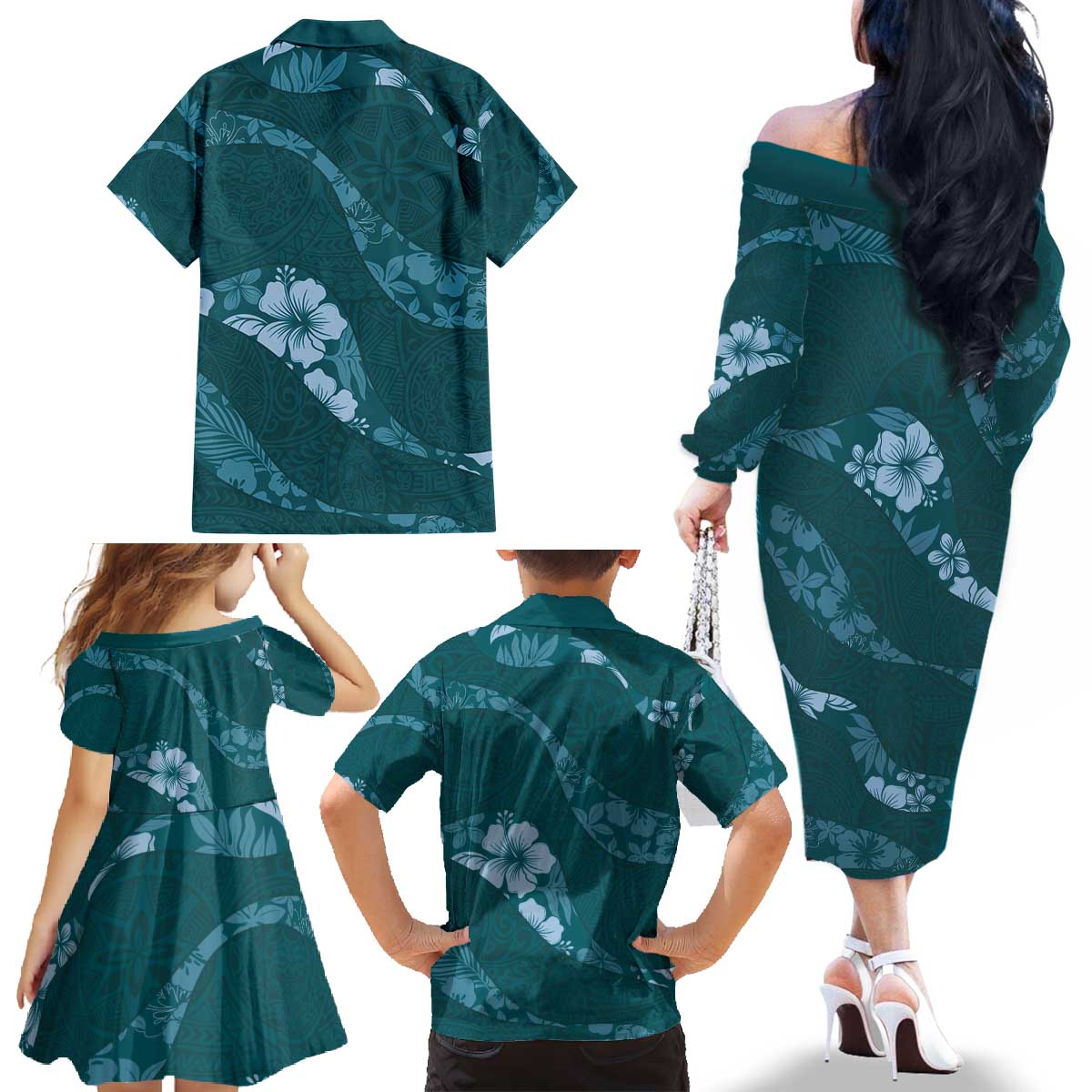 Aloha Hawaii Floral Tapa Family Matching Off The Shoulder Long Sleeve Dress and Hawaiian Shirt Patchwork Teal LT7 - Polynesian Pride