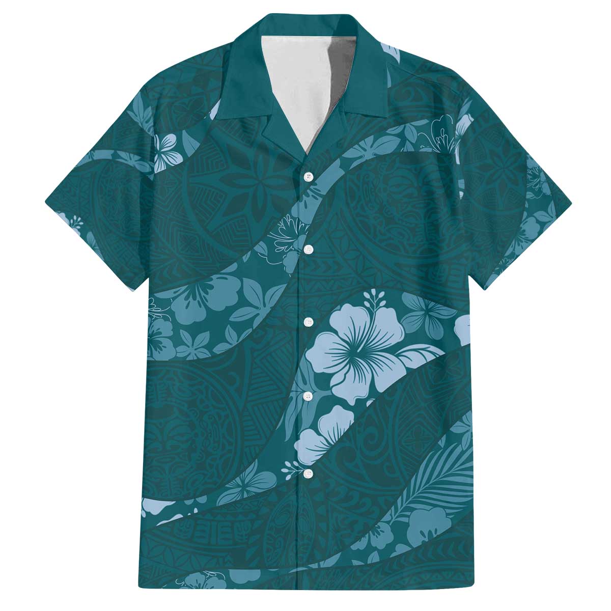 Aloha Hawaii Floral Tapa Family Matching Off The Shoulder Long Sleeve Dress and Hawaiian Shirt Patchwork Teal LT7 Dad's Shirt - Short Sleeve Teal - Polynesian Pride