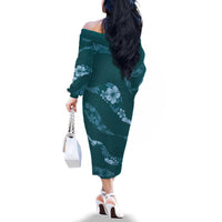 Aloha Hawaii Floral Tapa Family Matching Off The Shoulder Long Sleeve Dress and Hawaiian Shirt Patchwork Teal LT7 - Polynesian Pride