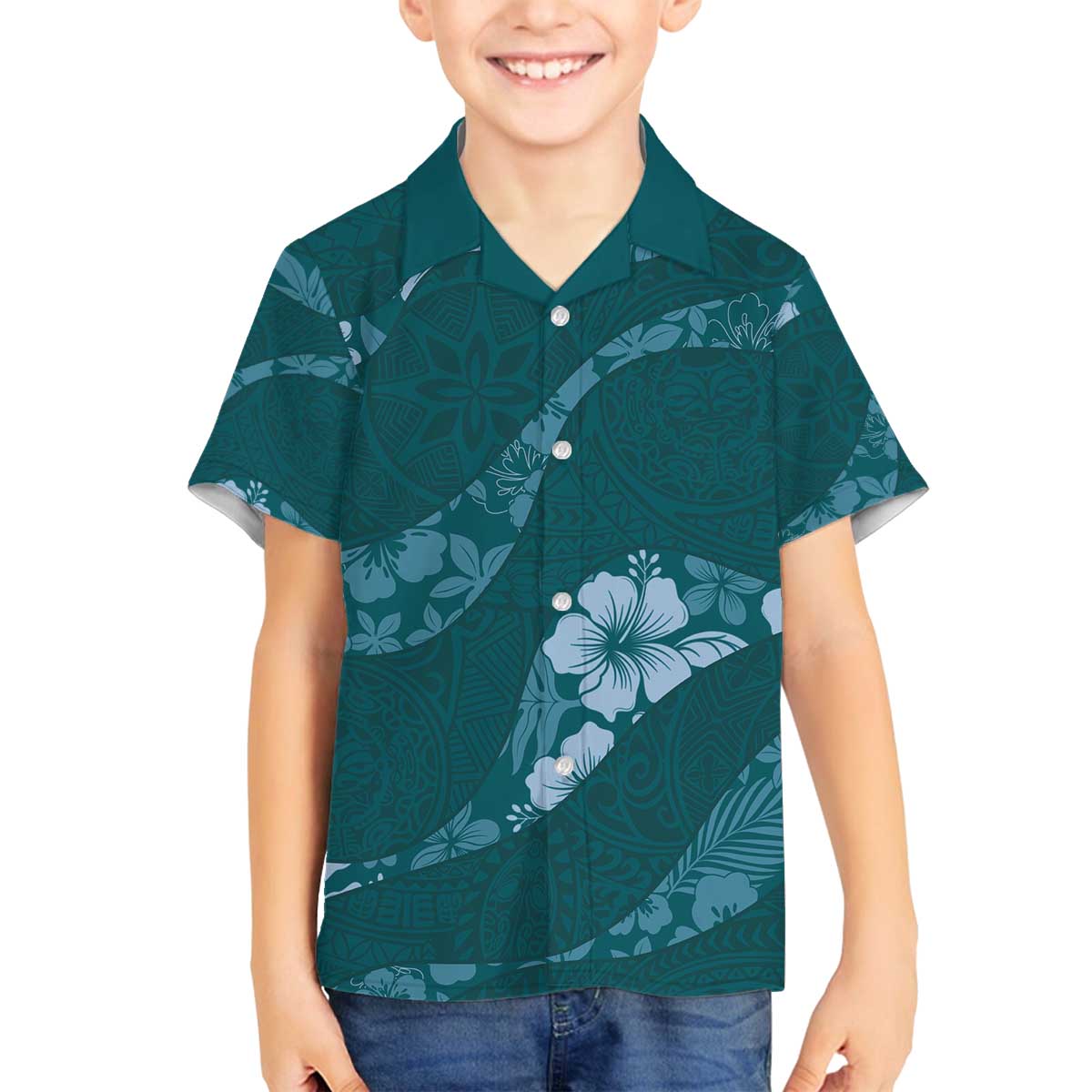 Aloha Hawaii Floral Tapa Family Matching Off The Shoulder Long Sleeve Dress and Hawaiian Shirt Patchwork Teal LT7 Son's Shirt Teal - Polynesian Pride