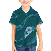 Aloha Hawaii Floral Tapa Family Matching Off The Shoulder Long Sleeve Dress and Hawaiian Shirt Patchwork Teal LT7 Son's Shirt Teal - Polynesian Pride