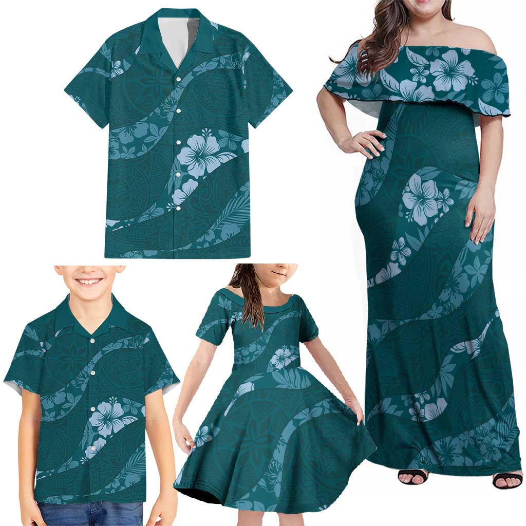 Aloha Hawaii Floral Tapa Family Matching Off Shoulder Maxi Dress and Hawaiian Shirt Patchwork Teal LT7 - Polynesian Pride