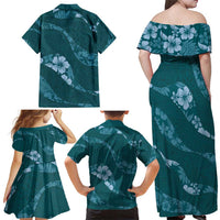 Aloha Hawaii Floral Tapa Family Matching Off Shoulder Maxi Dress and Hawaiian Shirt Patchwork Teal LT7 - Polynesian Pride
