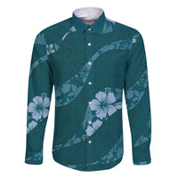 Aloha Hawaii Floral Tapa Family Matching Off Shoulder Maxi Dress and Hawaiian Shirt Patchwork Teal LT7 Dad's Shirt - Long Sleeve Teal - Polynesian Pride