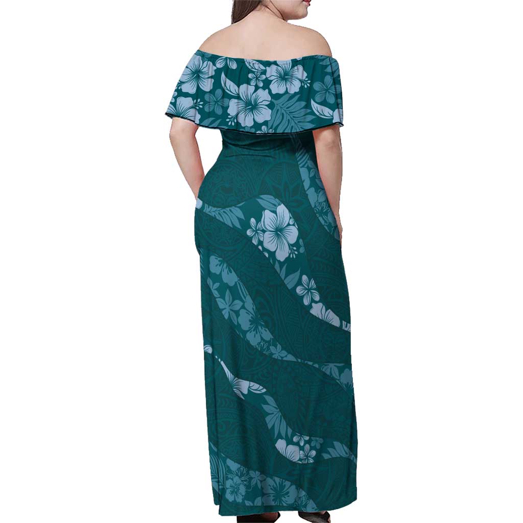 Aloha Hawaii Floral Tapa Family Matching Off Shoulder Maxi Dress and Hawaiian Shirt Patchwork Teal LT7 - Polynesian Pride