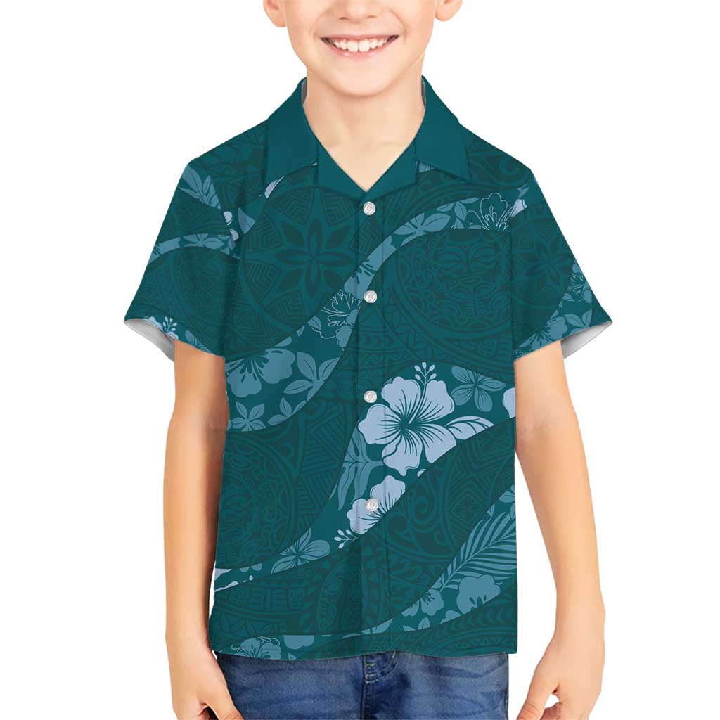 Aloha Hawaii Floral Tapa Family Matching Off Shoulder Maxi Dress and Hawaiian Shirt Patchwork Teal LT7 Son's Shirt Teal - Polynesian Pride