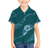 Aloha Hawaii Floral Tapa Family Matching Off Shoulder Maxi Dress and Hawaiian Shirt Patchwork Teal LT7 Son's Shirt Teal - Polynesian Pride