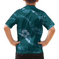 Aloha Hawaii Floral Tapa Family Matching Off Shoulder Short Dress and Hawaiian Shirt Patchwork Teal LT7 - Polynesian Pride